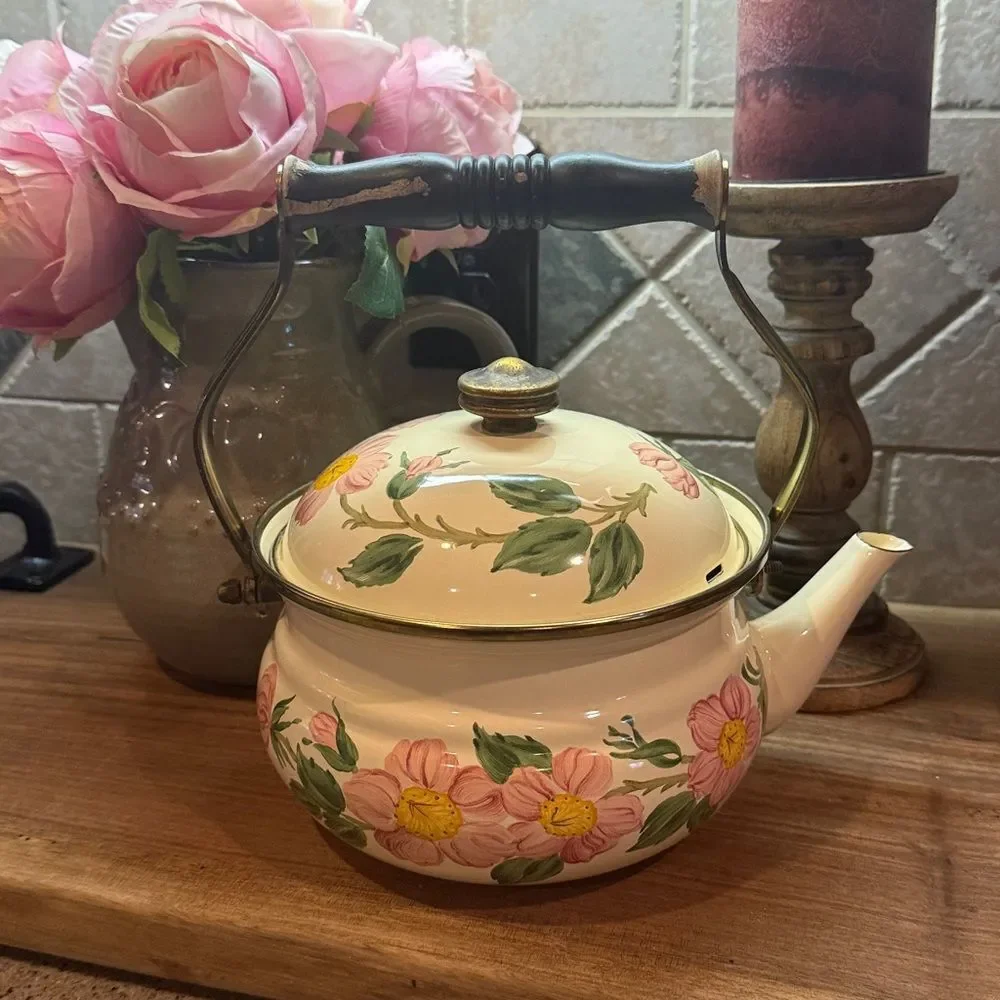 Franciscan Pink Floral Enamel Teapot with Wooden Handle